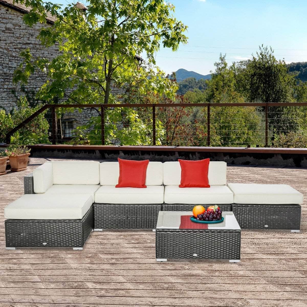 Aosom 6 Piece All Weather Deluxe Outdoor Patio Rattan Wicker Sectional Sofa Set in Cream White, image 3