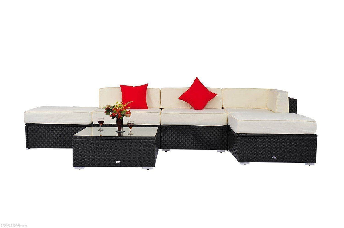 Aosom 6 Piece All Weather Deluxe Outdoor Patio Rattan Wicker Sectional Sofa Set in Cream White, image 6