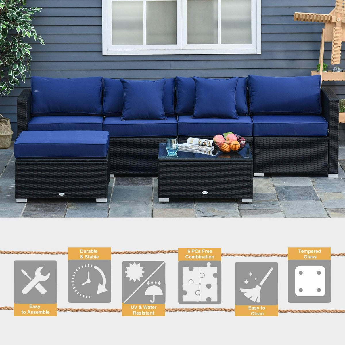 Aosom 6 Piece Outdoor Patio Rattan Wicker Modular Sectional Sofa Set with Coffee Table, image 12