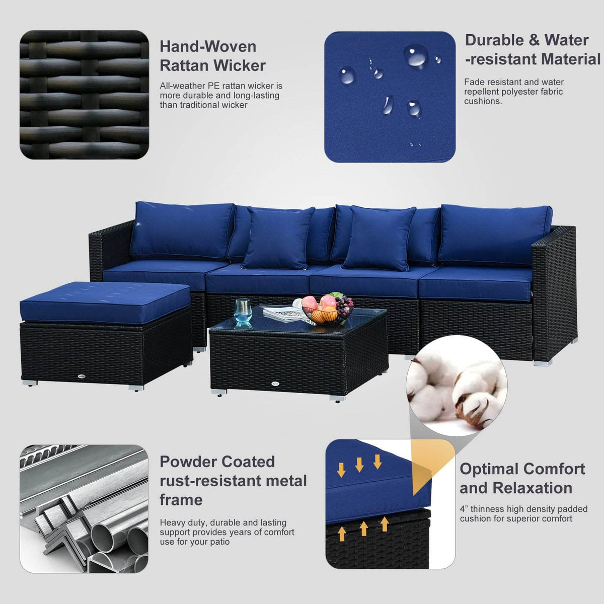 Aosom 6 Piece Outdoor Patio Rattan Wicker Modular Sectional Sofa Set with Coffee Table, image 13