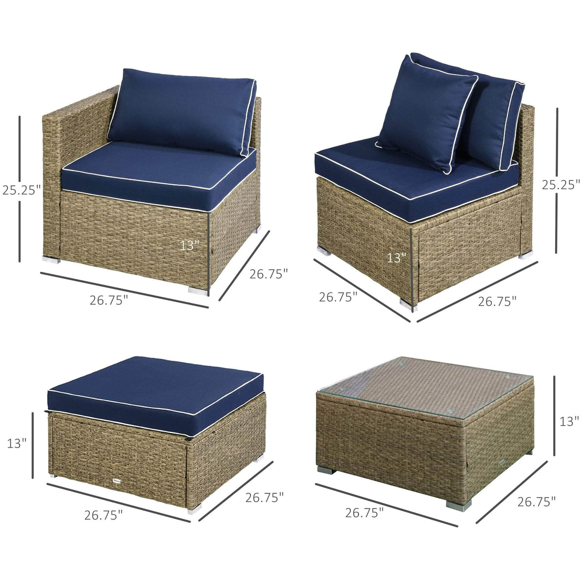 Aosom 6 Piece Outdoor Patio Rattan Wicker Modular Sectional Sofa Set with Coffee Table, image 18