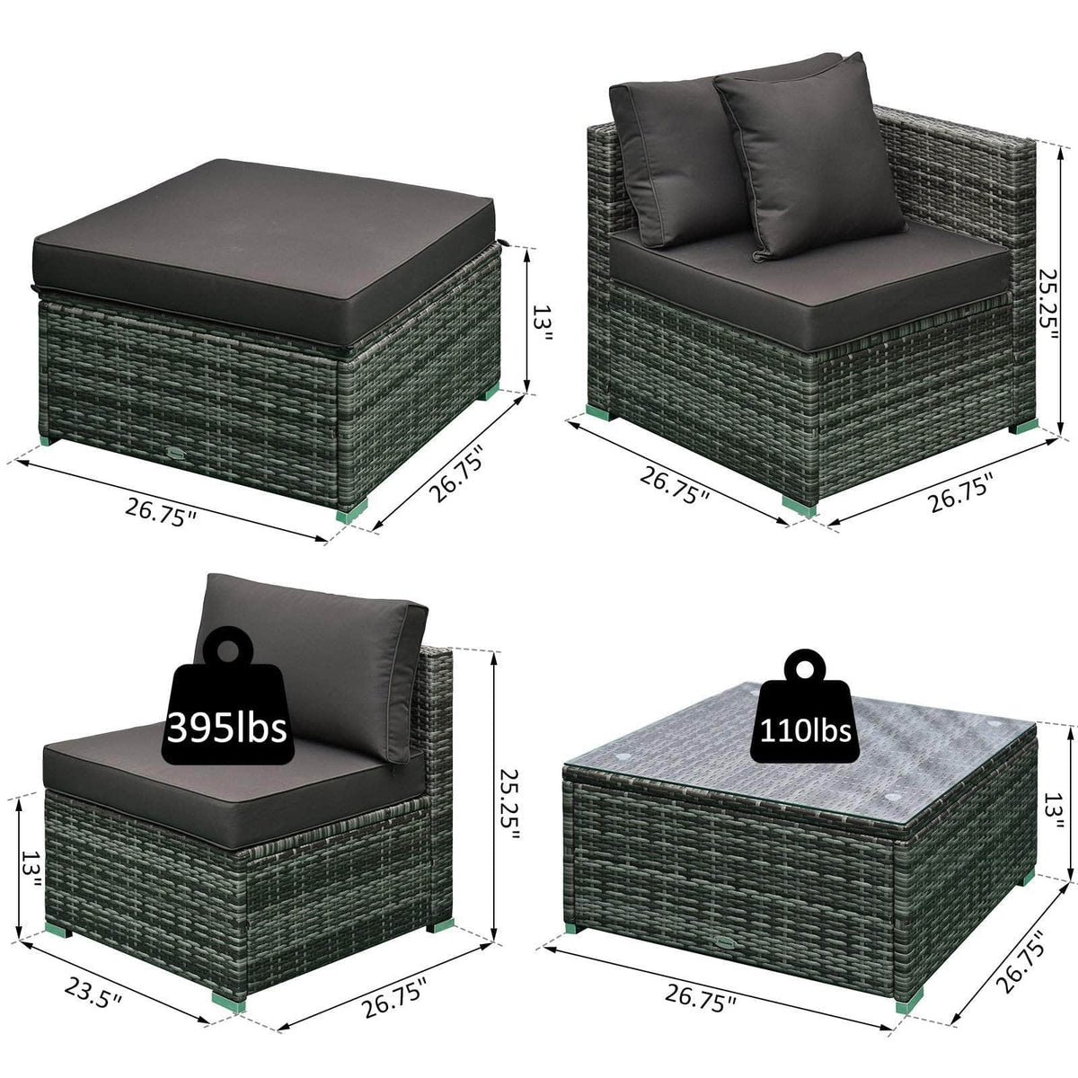 Aosom 6 Piece Outdoor Patio Rattan Wicker Modular Sectional Sofa Set with Coffee Table, image 29