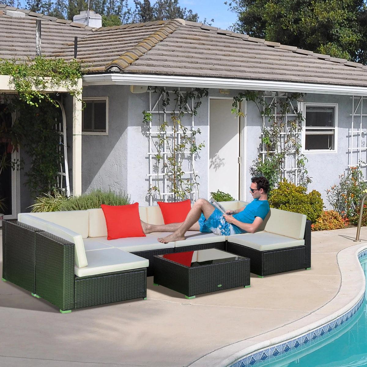 Aosom 7 Piece Outdoor Patio Rattan Wicker Modular U Shaped Sectional Sofa Set with Coffee Table, image 45