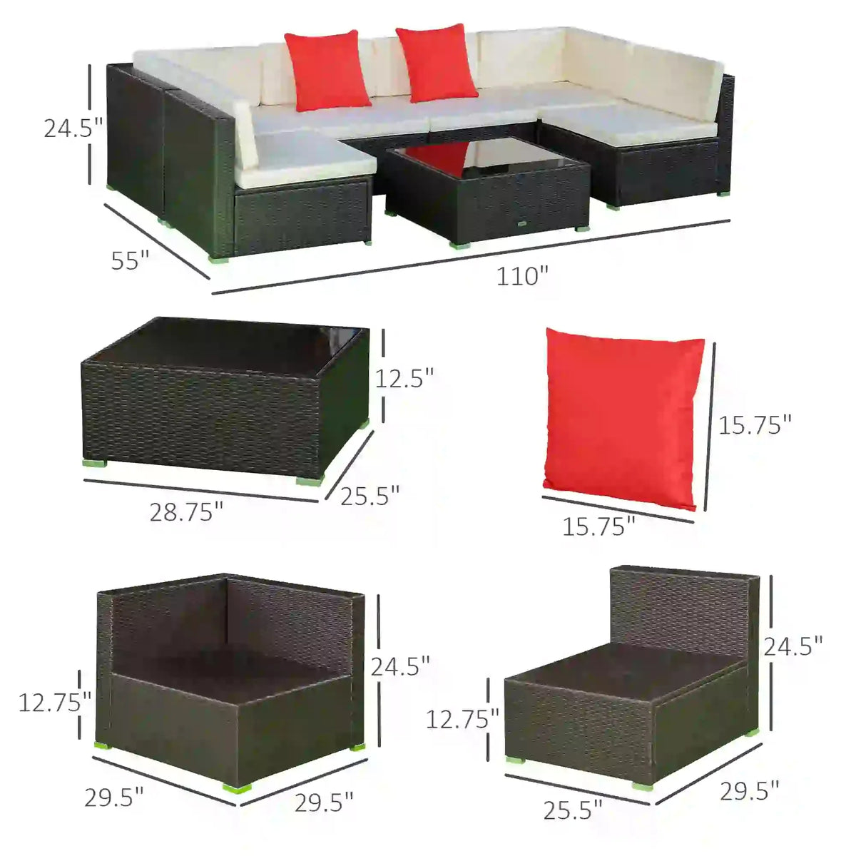 Aosom 7 Piece Outdoor Patio Rattan Wicker Modular U Shaped Sectional Sofa Set with Coffee Table, image 48