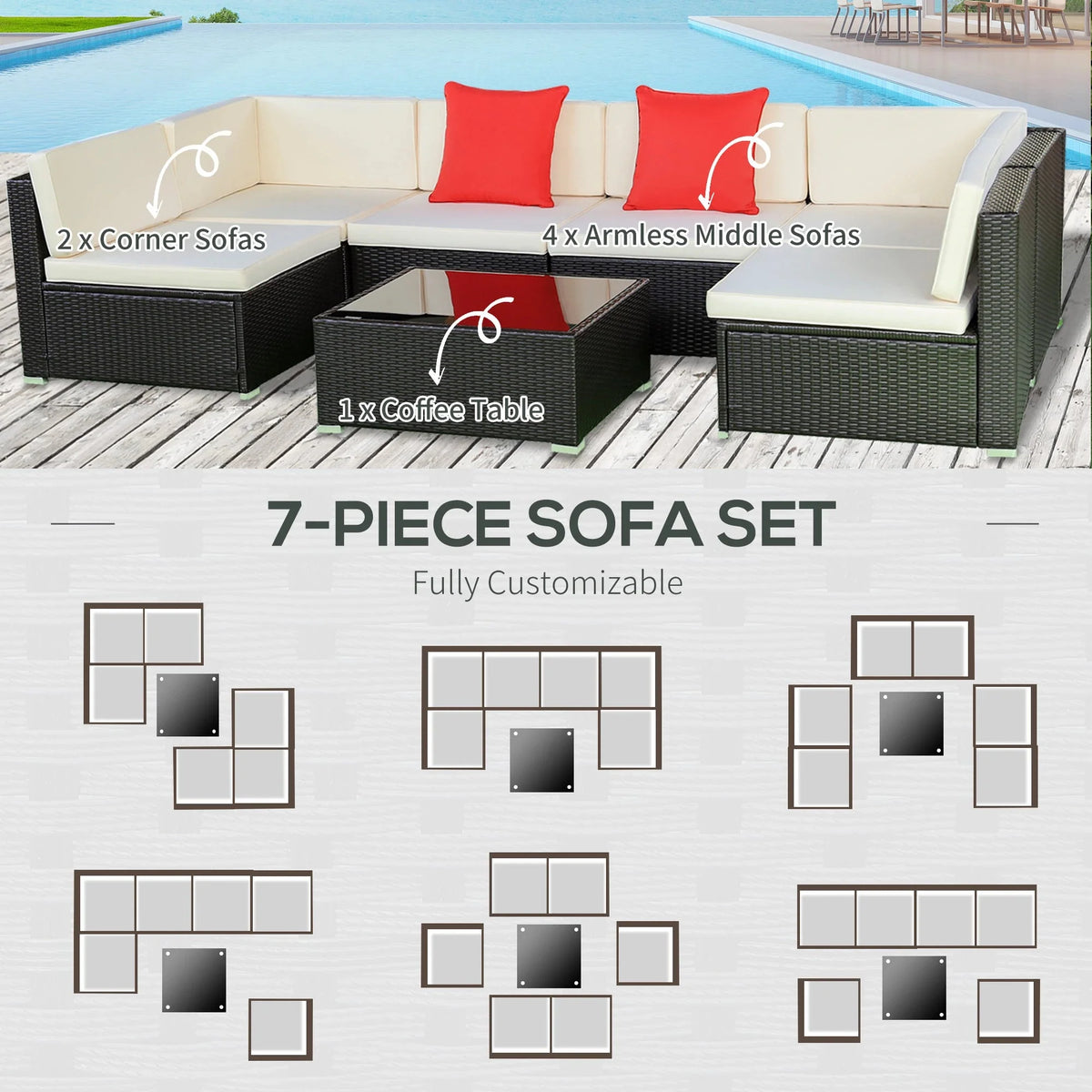 Aosom 7 Piece Outdoor Patio Rattan Wicker Modular U Shaped Sectional Sofa Set with Coffee Table, image 47