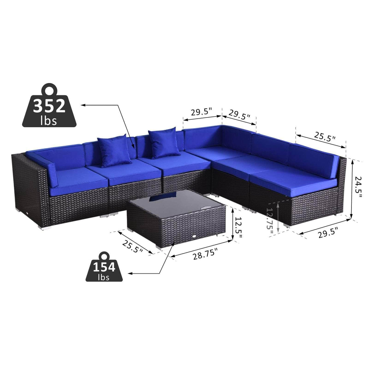 Aosom 7 Piece Outdoor Patio Rattan Wicker Modular U Shaped Sectional Sofa Set with Coffee Table, image 18