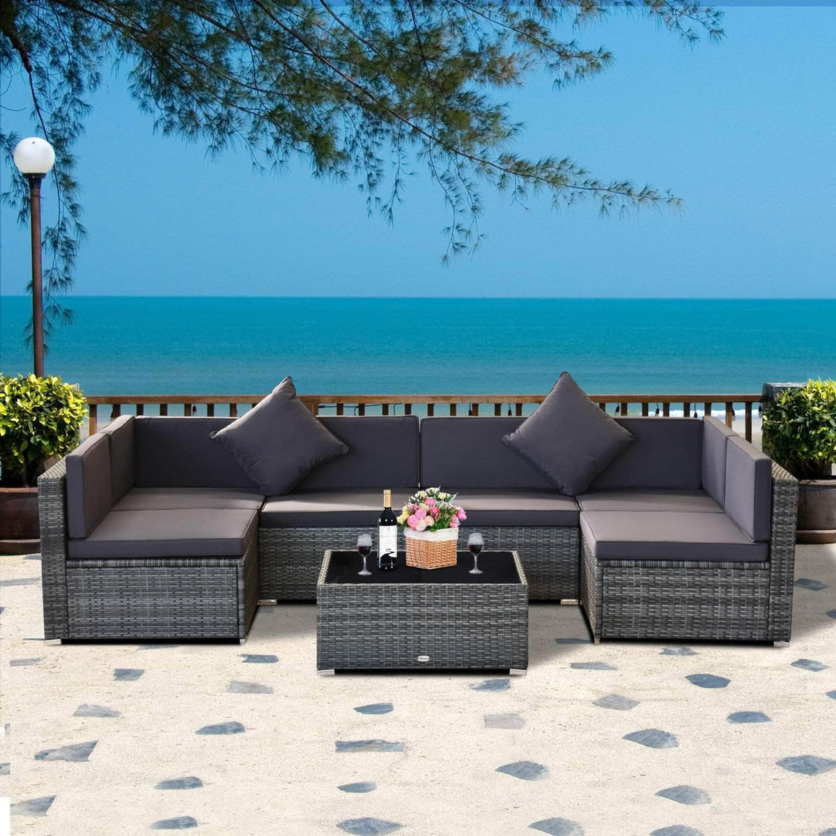 Aosom 7 Piece Outdoor Patio Rattan Wicker Modular U Shaped Sectional Sofa Set with Coffee Table, image 7