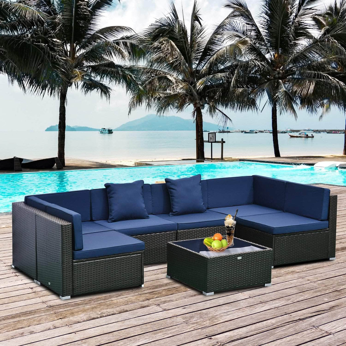 Aosom 7 Piece Outdoor Patio Rattan Wicker Modular U Shaped Sectional Sofa Set with Coffee Table, image 8