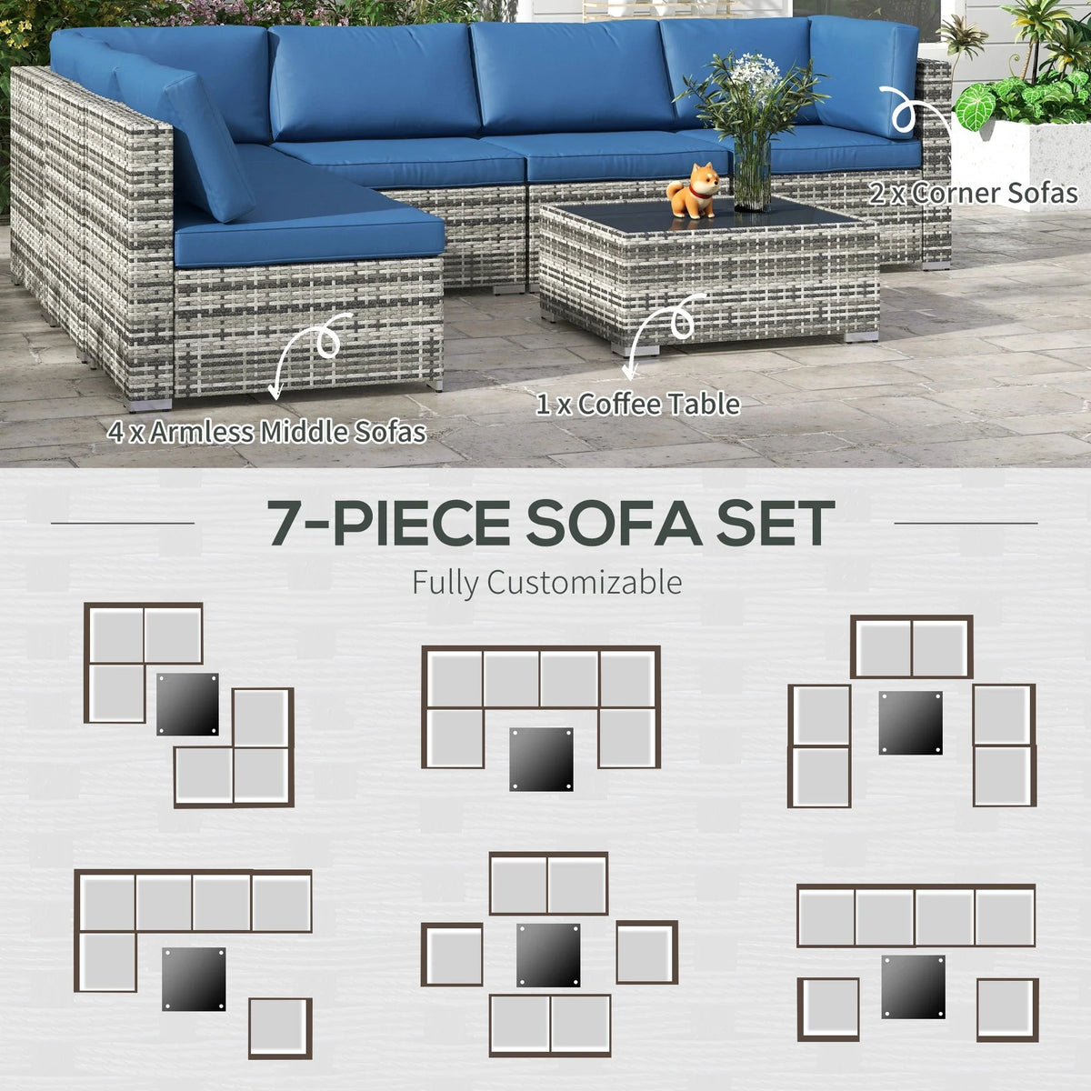 Aosom 7 Piece Outdoor Patio Rattan Wicker Modular U Shaped Sectional Sofa Set with Coffee Table, image 38