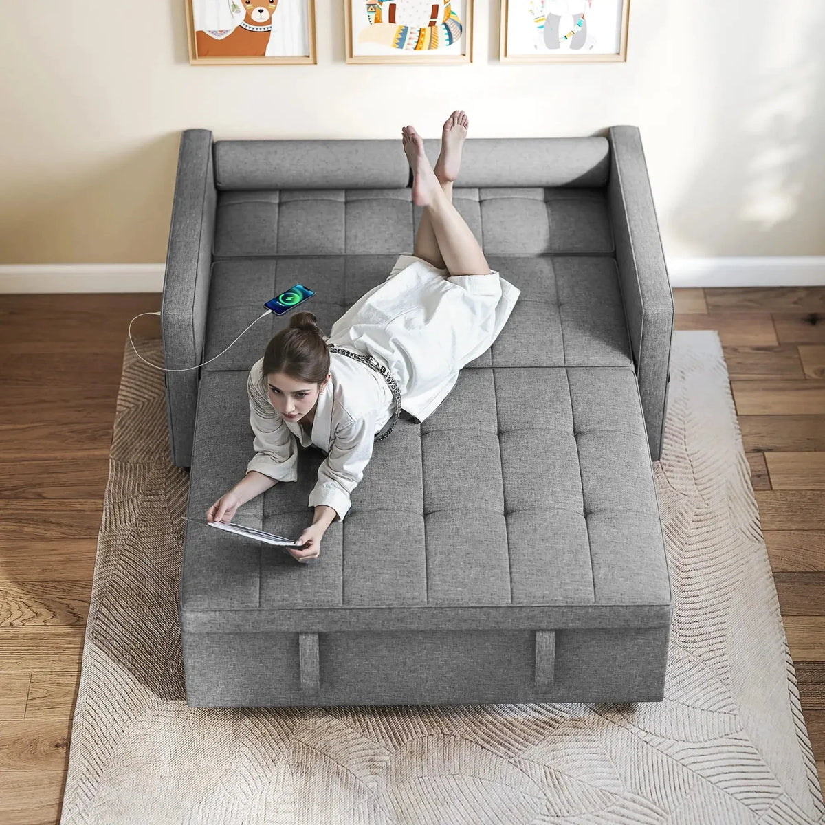 Aosom 54" Pull Out Sleeper Sofa Bed with Built in USB Ports in Grey, image 2