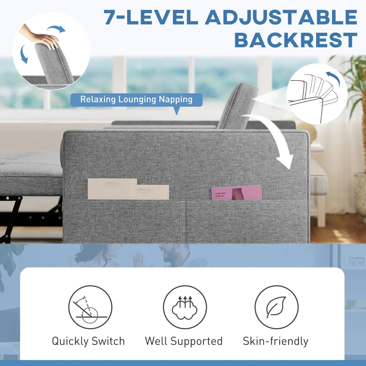 Aosom 54" Pull Out Sleeper Sofa Bed with Built in USB Ports in Grey, image 6