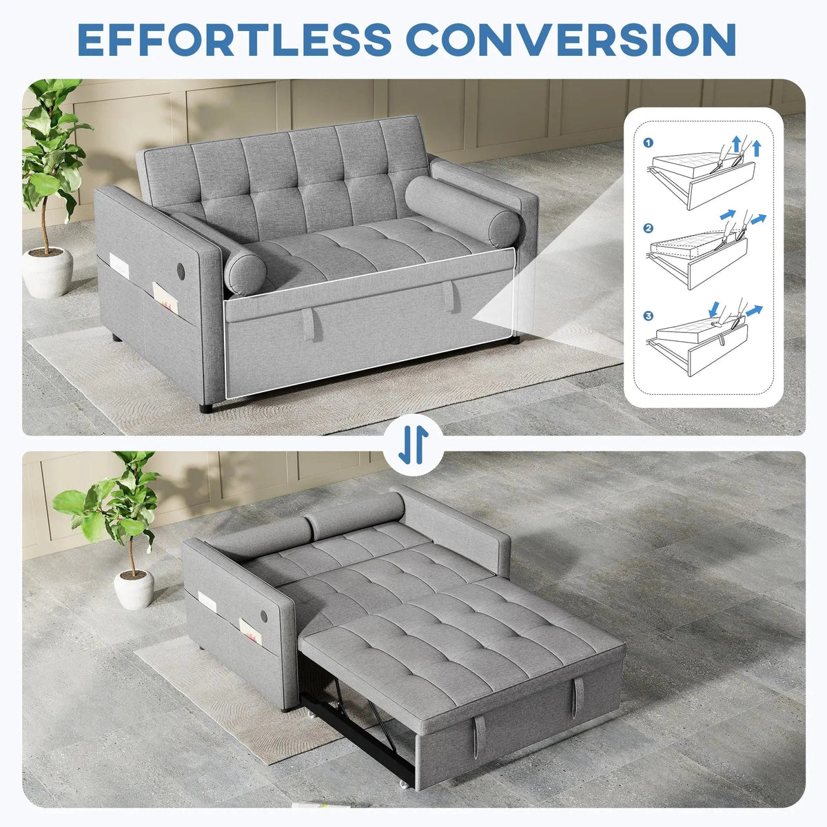Aosom 54" Pull Out Sleeper Sofa Bed with Built in USB Ports in Grey, image 5