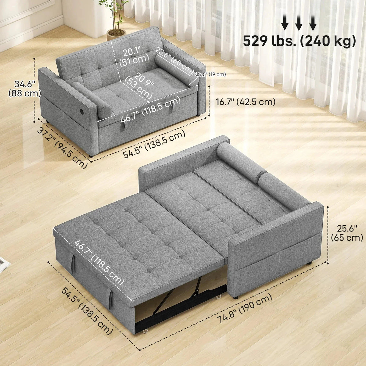 Aosom 54" Pull Out Sleeper Sofa Bed with Built in USB Ports in Grey, image 4