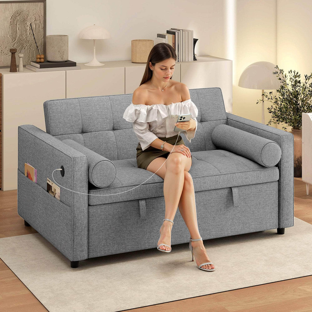 Aosom 54" Pull Out Sleeper Sofa Bed with Built in USB Ports in Grey, image 1