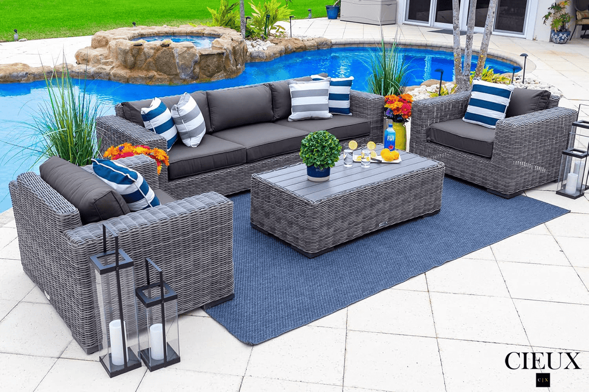 CIEUX Champagne Outdoor Patio Wicker Sofa Conversation Set in Grey with Sunbrella Cushions, image 1