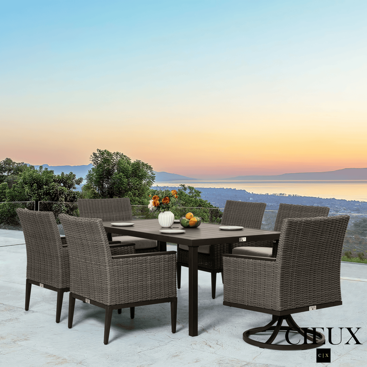 CIEUX Loire Outdoor Patio Aluminum Metal 7 Piece Dining Table Set with 4 Arm Chairs, 2 Swivel Arm Chairs and Sunbrella Cast Silver Cushions, image 1