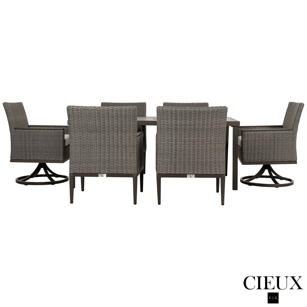CIEUX Loire Outdoor Patio Aluminum Metal 7 Piece Dining Table Set with 4 Arm Chairs, 2 Swivel Arm Chairs and Sunbrella Cast Silver Cushions, image 4