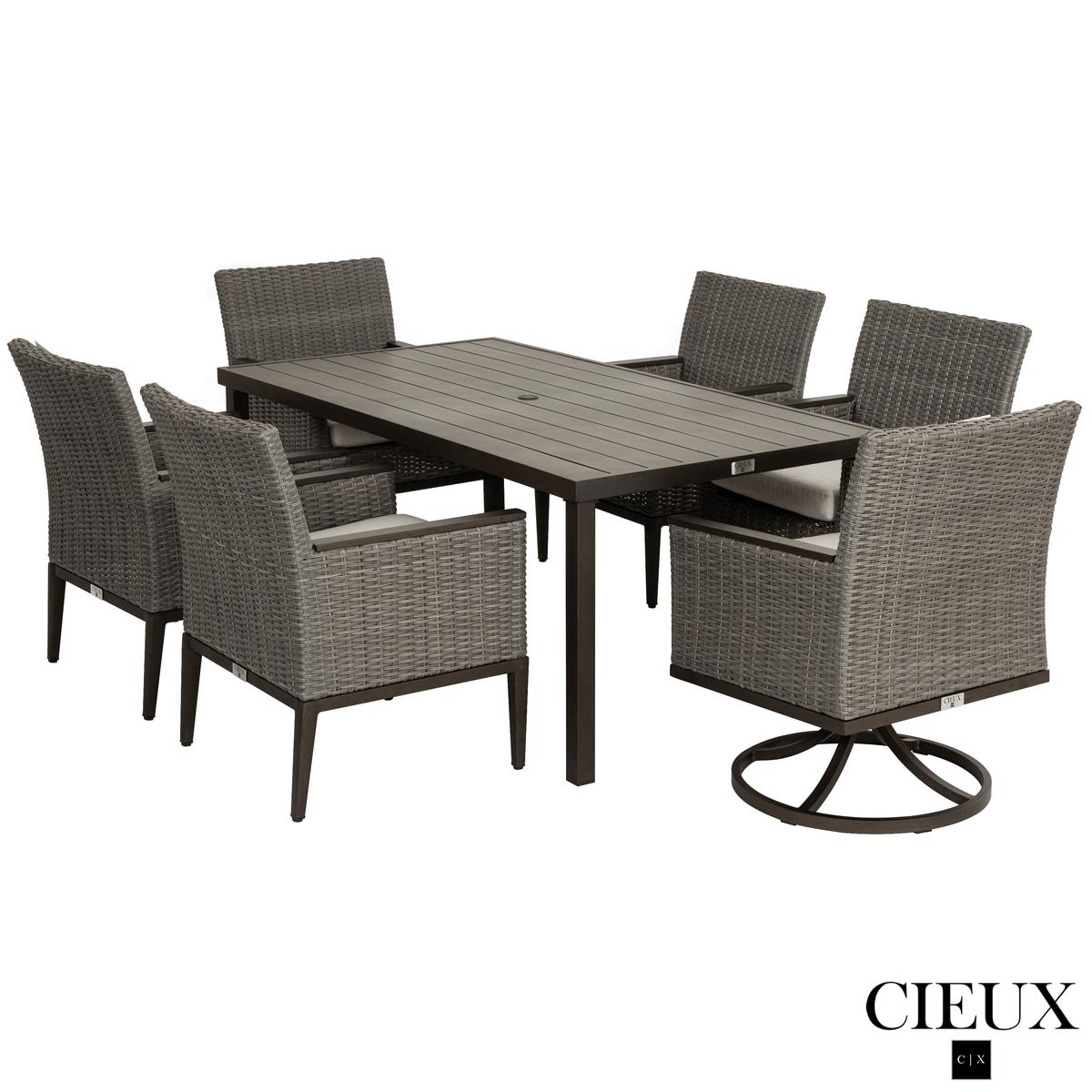 CIEUX Loire Outdoor Patio Aluminum Metal 7 Piece Dining Table Set with 4 Arm Chairs, 2 Swivel Arm Chairs and Sunbrella Cast Silver Cushions, image 3