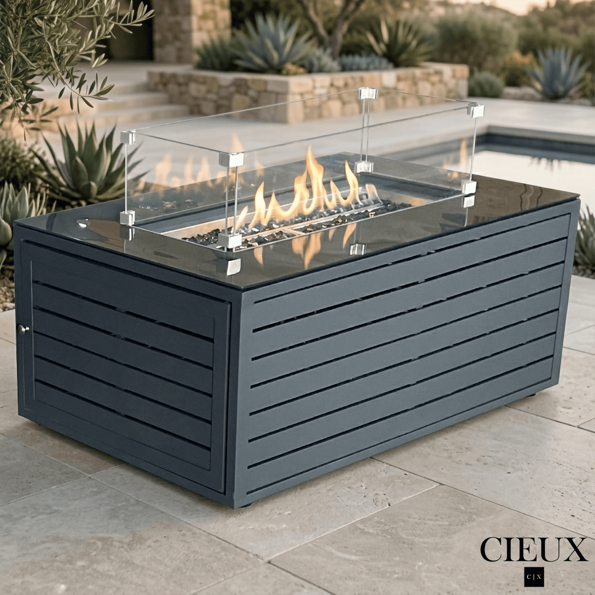 CIEUX Annency Outdoor Patio Aluminum Metal Rectangle Propane Fire Pit Coffee Table with Tempered Glass in Midnight Grey, image 1