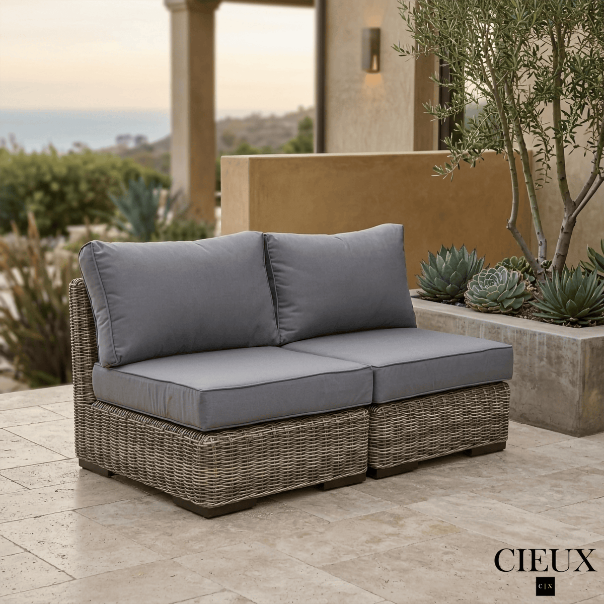 CIEUX Champagne Outdoor Patio Wicker Modular Armless Loveseat in Grey with Canvas Charcoal Sunbrella Cushions, image 1