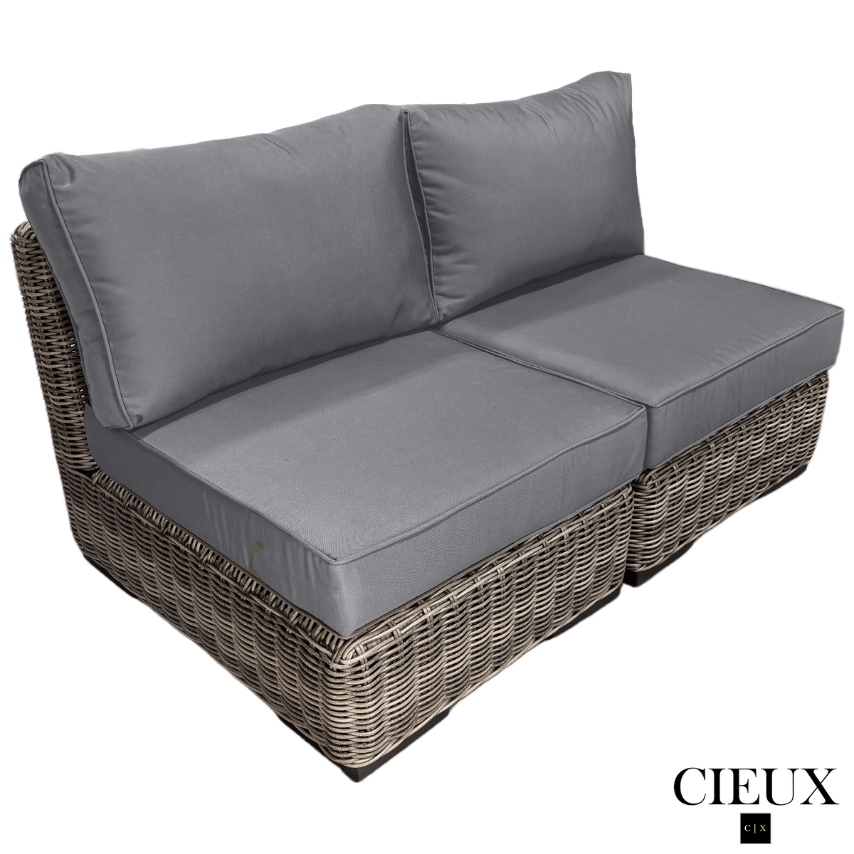 CIEUX Champagne Outdoor Patio Wicker Modular Armless Loveseat in Grey with Canvas Charcoal Sunbrella Cushions, image 2