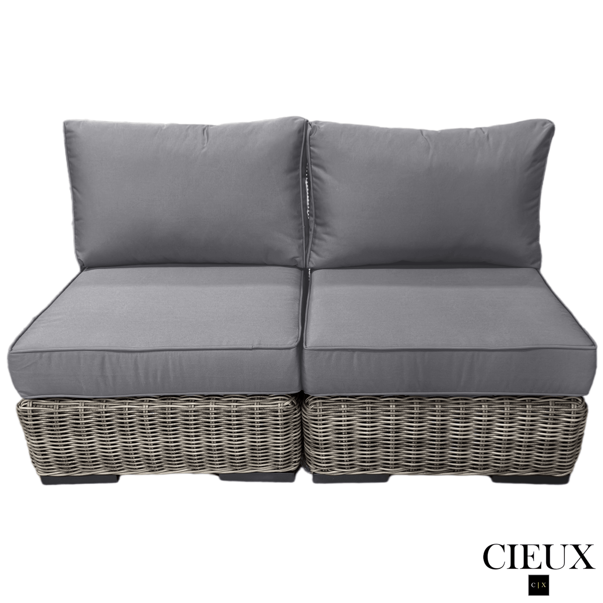 CIEUX Champagne Outdoor Patio Wicker Modular Armless Loveseat in Grey with Canvas Charcoal Sunbrella Cushions, image 3