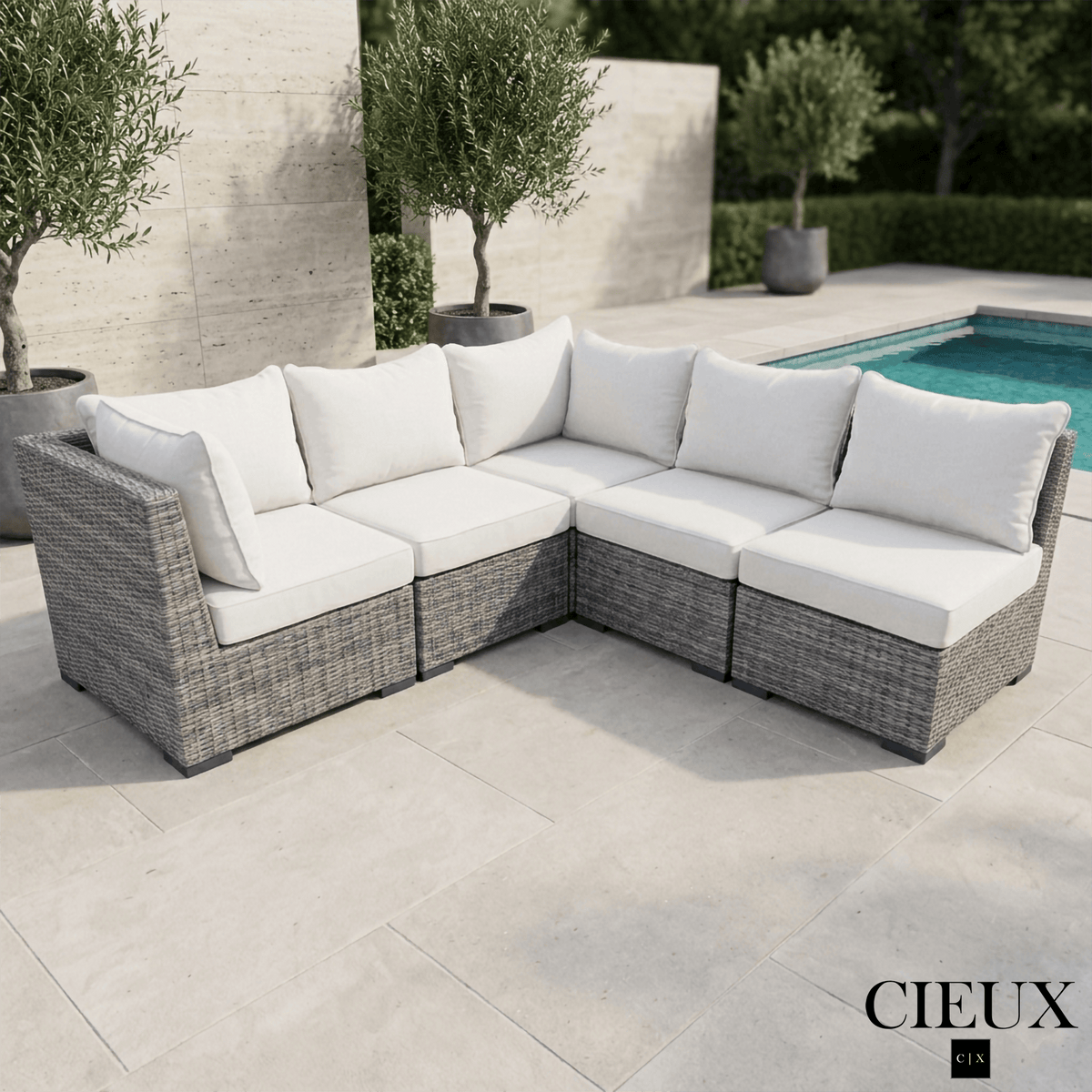 CIEUX Cannes Outdoor Patio Wicker Corner Sectional Sofa in Grey Wicker with Sunbrella Cushions in Canvas Natural, image 1