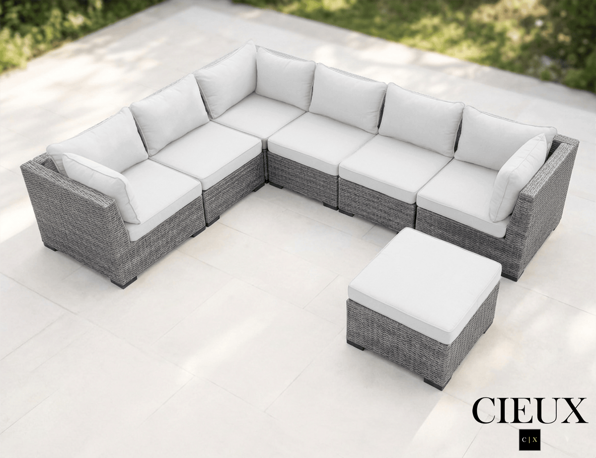 CIEUX Cannes Outdoor Patio Wicker L Shaped Sectional Sofa with Ottoman in Grey Wicker with Sunbrella Cushions in Canvas Natural, image 2
