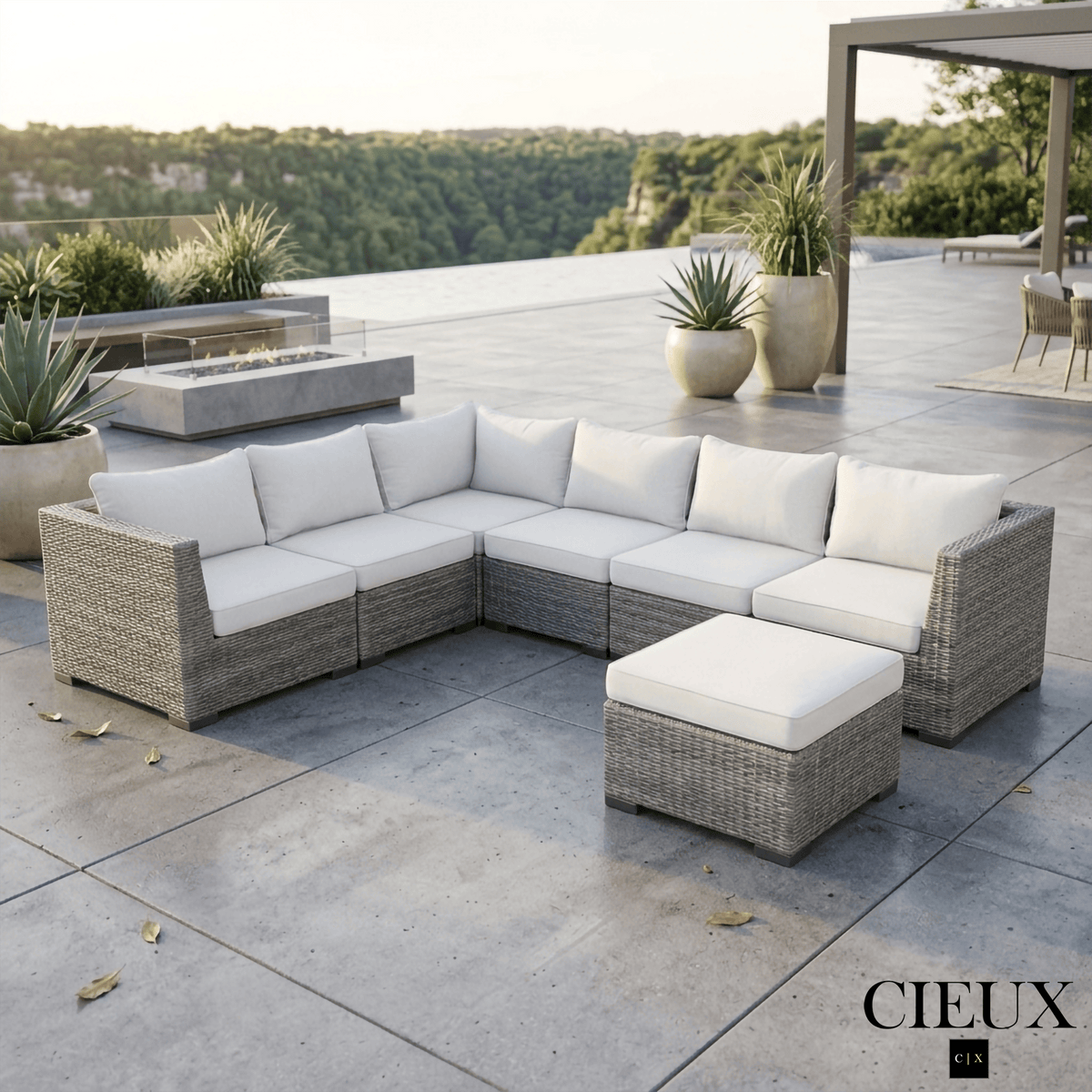 CIEUX Cannes Outdoor Patio Wicker L Shaped Sectional Sofa with Ottoman in Grey Wicker with Sunbrella Cushions in Canvas Natural, image 1