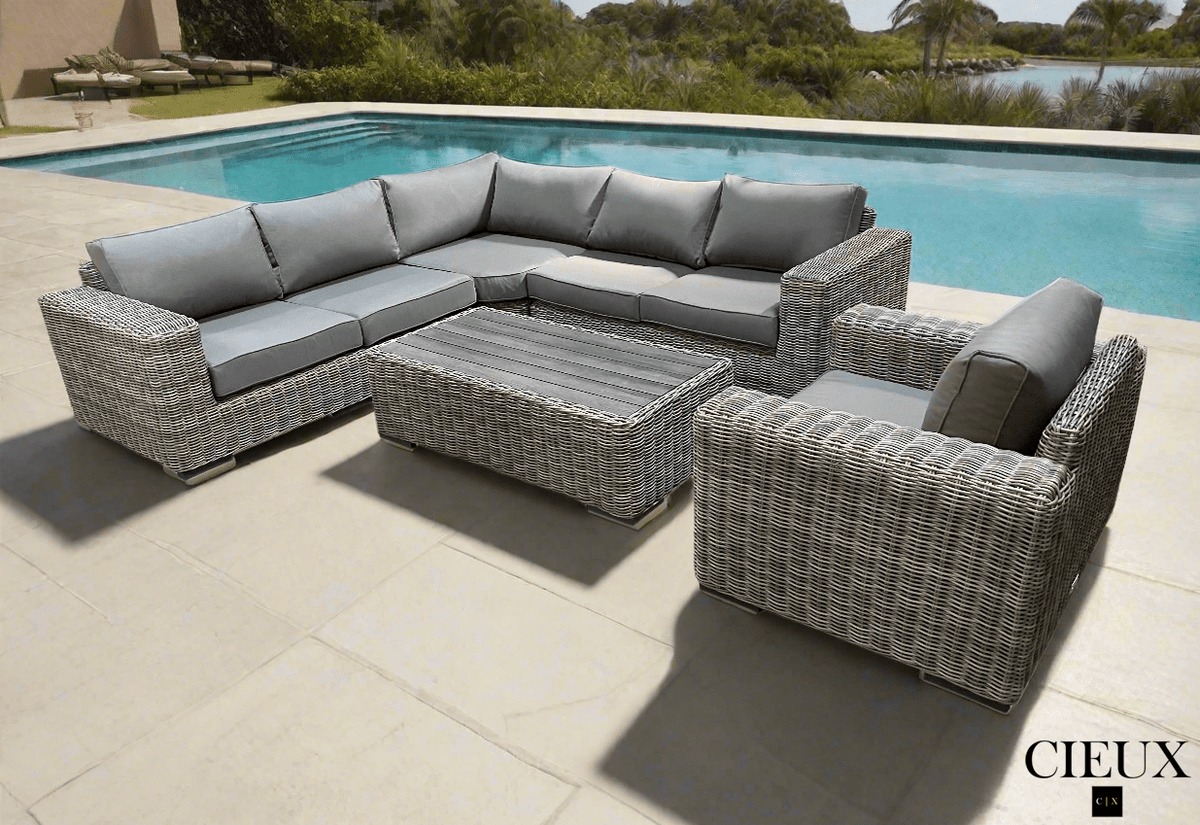CIEUX Champagne 3 Piece Outdoor Patio Wicker Corner Sectional Sofa, Coffee Table and Club Chair Set in Grey with Sunbrella Cushions, image 2