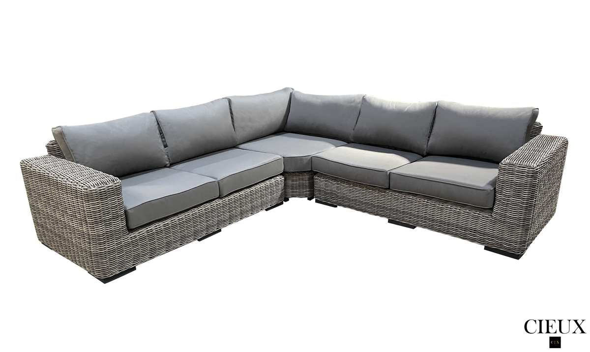 CIEUX Champagne Outdoor Patio Wicker Corner Sectional Sofa in Grey with Sunbrella Cushions, image 3