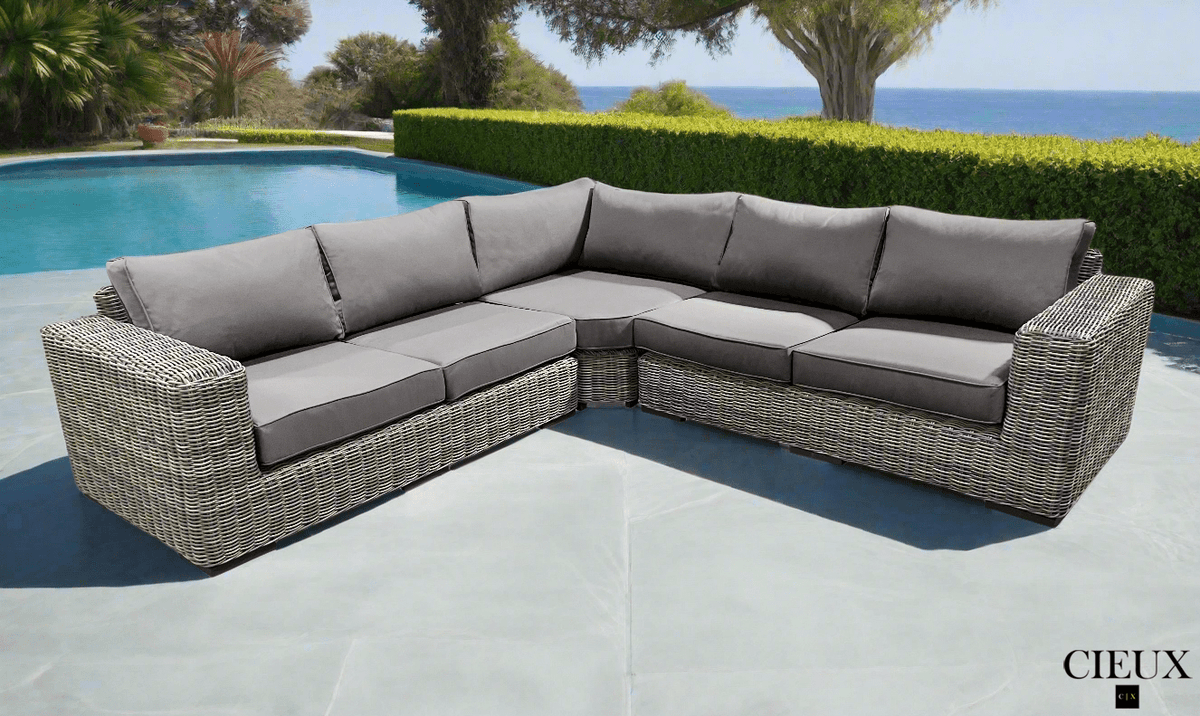 CIEUX Champagne Outdoor Patio Wicker Corner Sectional Sofa in Grey with Sunbrella Cushions, image 6