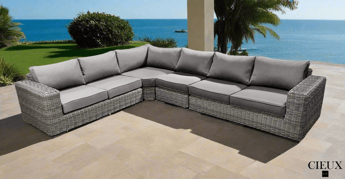 CIEUX Champagne Outdoor Patio Wicker L Shaped Sectional Sofa in Grey with Sunbrella Cushions, image 6