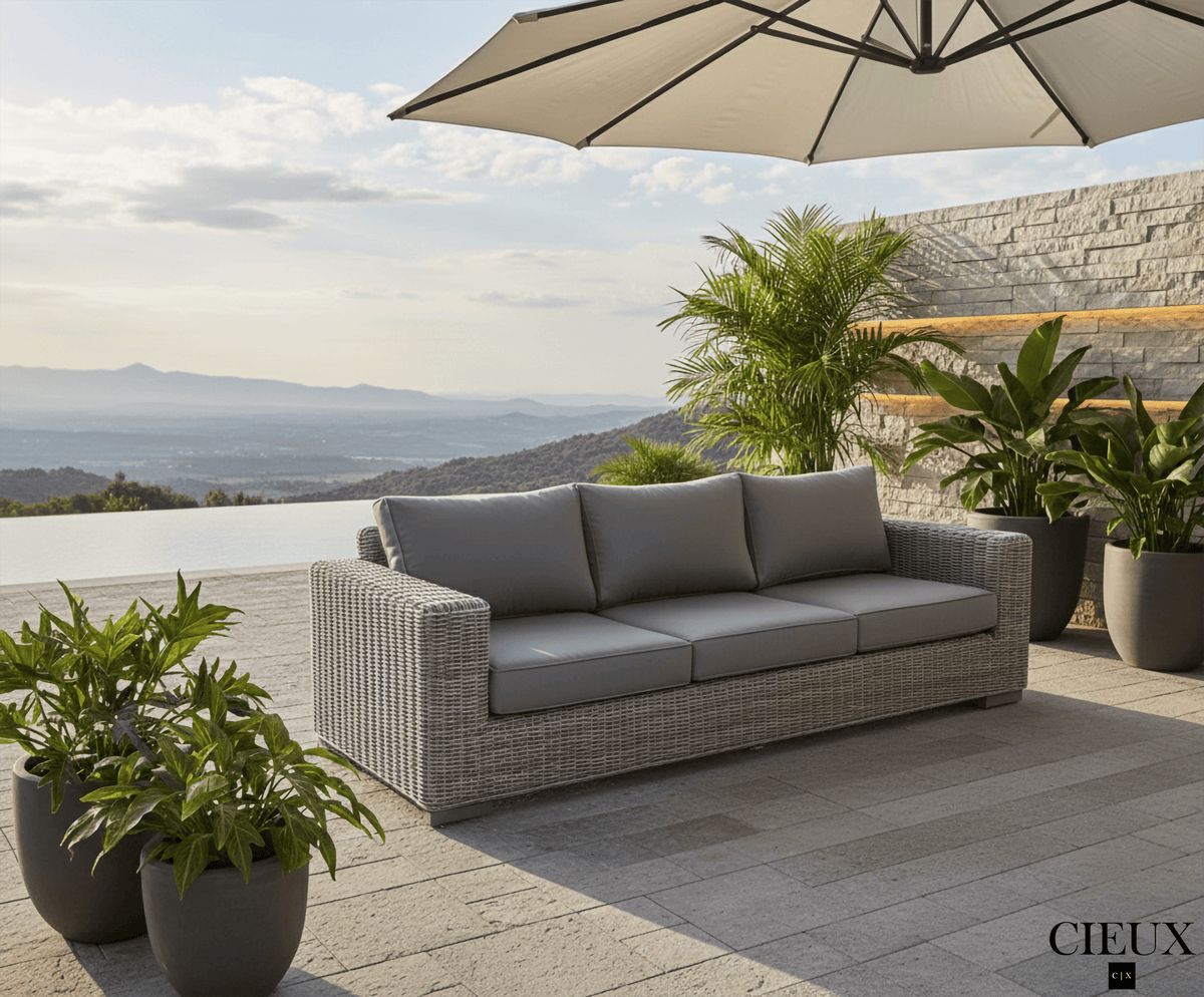 CIEUX Champagne Outdoor Patio Wicker Sofa in Grey with Sunbrella Cushions, image 1