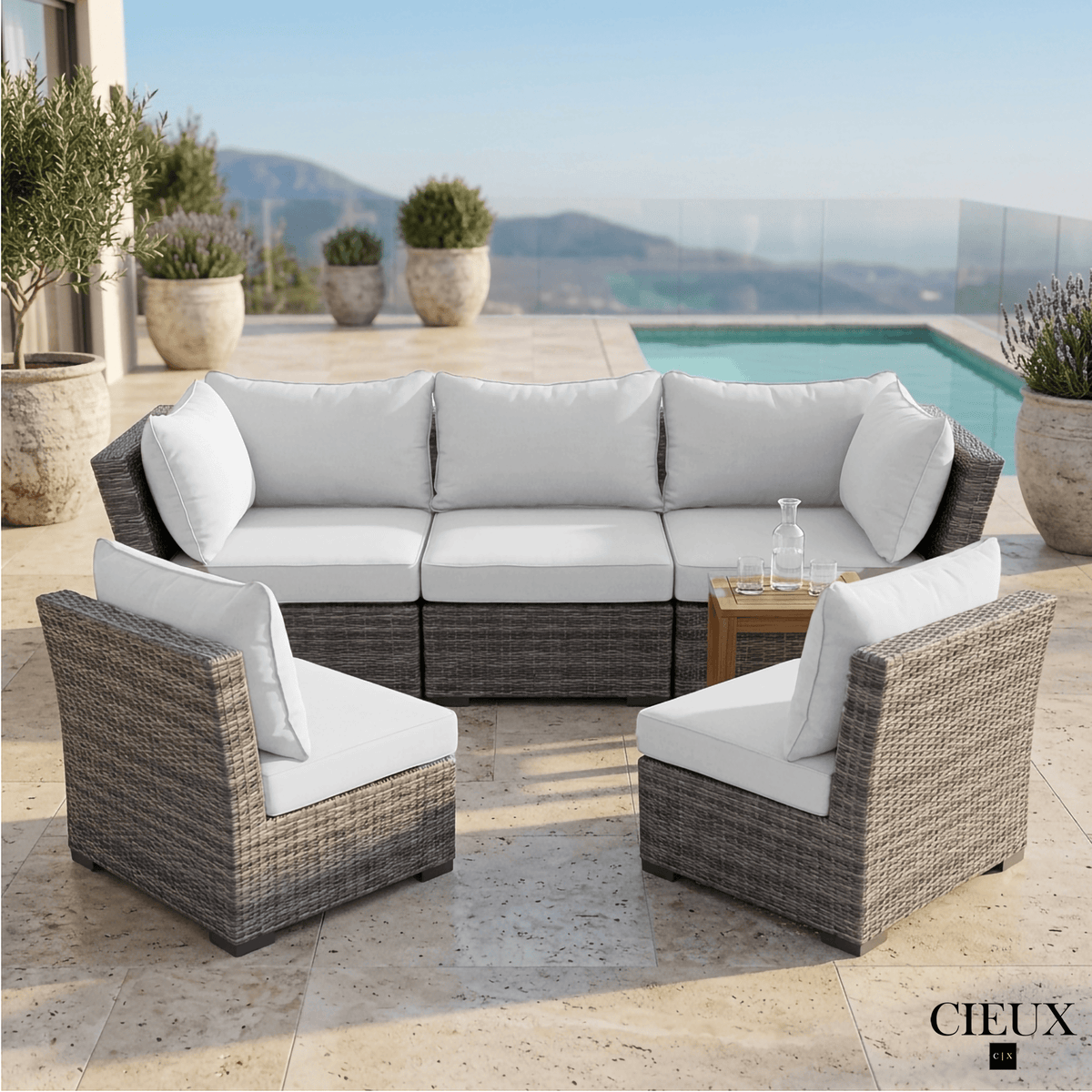 CIEUX Cannes 3 Piece Outdoor Patio Wicker Sofa Conversation Set with 2 Armless Chairs in Grey Wicker with Sunbrella Cushions in Canvas Natural, image 1