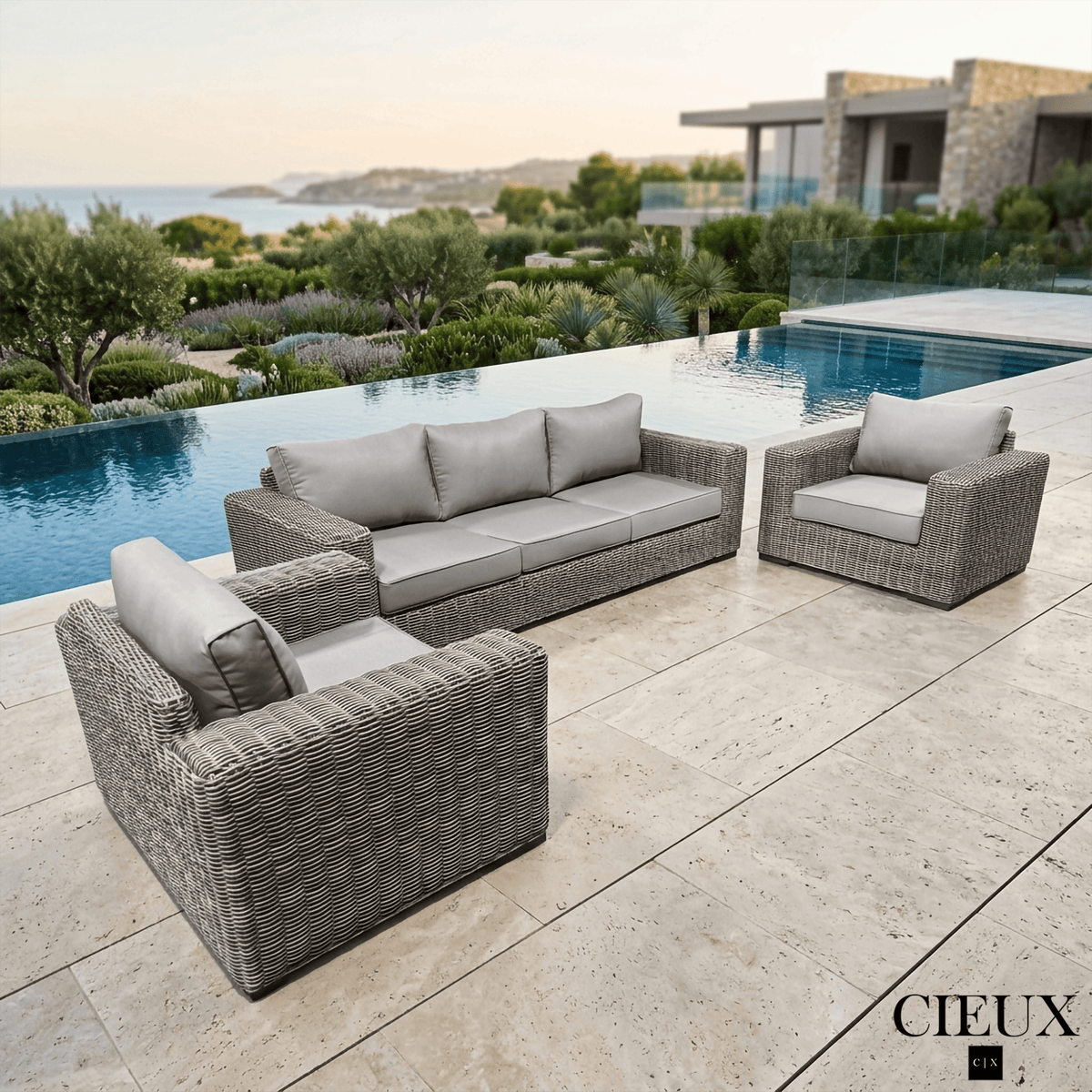 CIEUX Champagne 3 Piece Outdoor Patio Wicker Sofa and 2 Club Chairs Conversation Set in Grey with Sunbrella Cushions, image 6