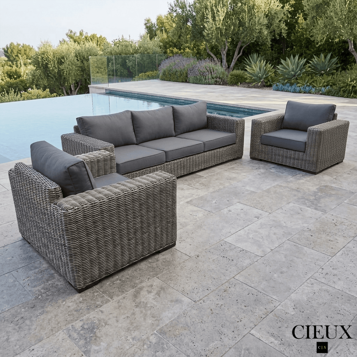 CIEUX Champagne 3 Piece Outdoor Patio Wicker Sofa and 2 Club Chairs Conversation Set in Grey with Sunbrella Cushions, image 1