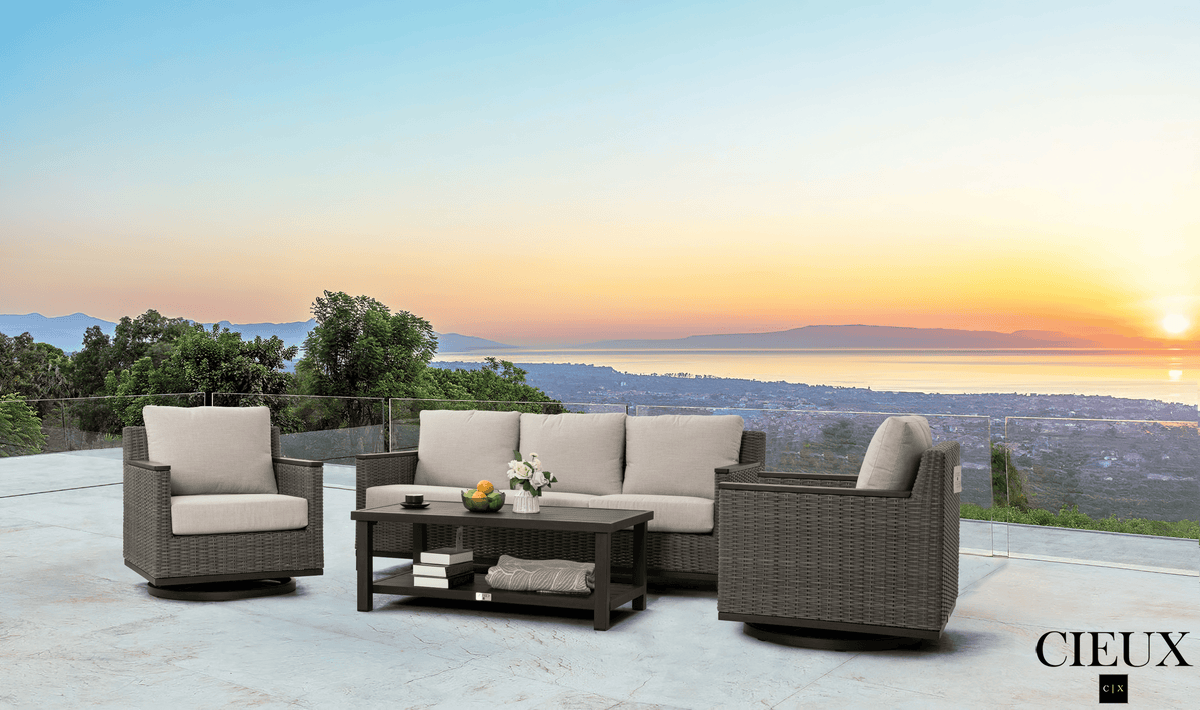 CIEUX Loire Outdoor Patio Aluminum Metal Sofa Conversation Set with Swivel Club Chairs and Sunbrella Cast Silver Cushions, image 2