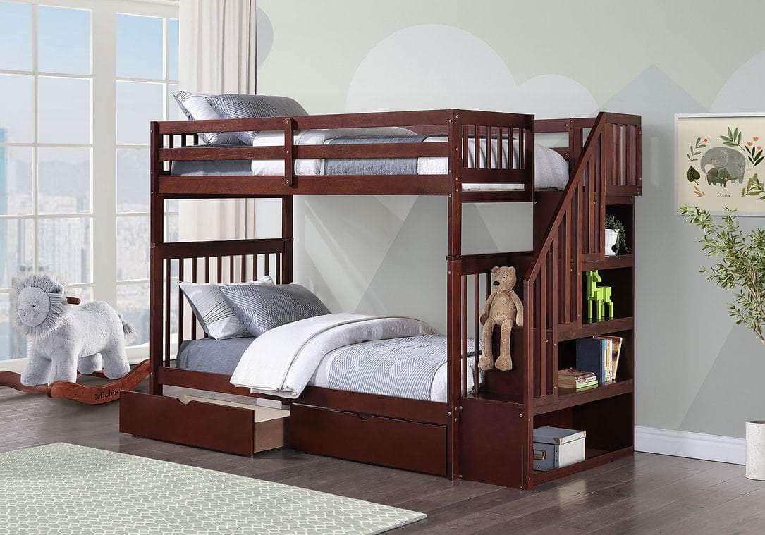 IFDC Columbia Solid Wood Mission Twin over Twin Bunk Bed with Reversible Storage Stairway Chest, image 3