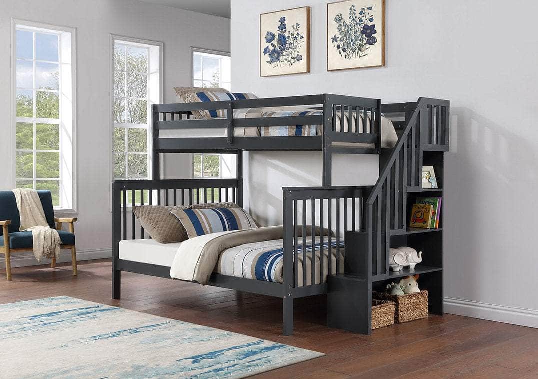 IFDC Columbia Solid Wood Mission Twin over Full Bunk Bed with Reversible Storage Stairway Chest, image 4