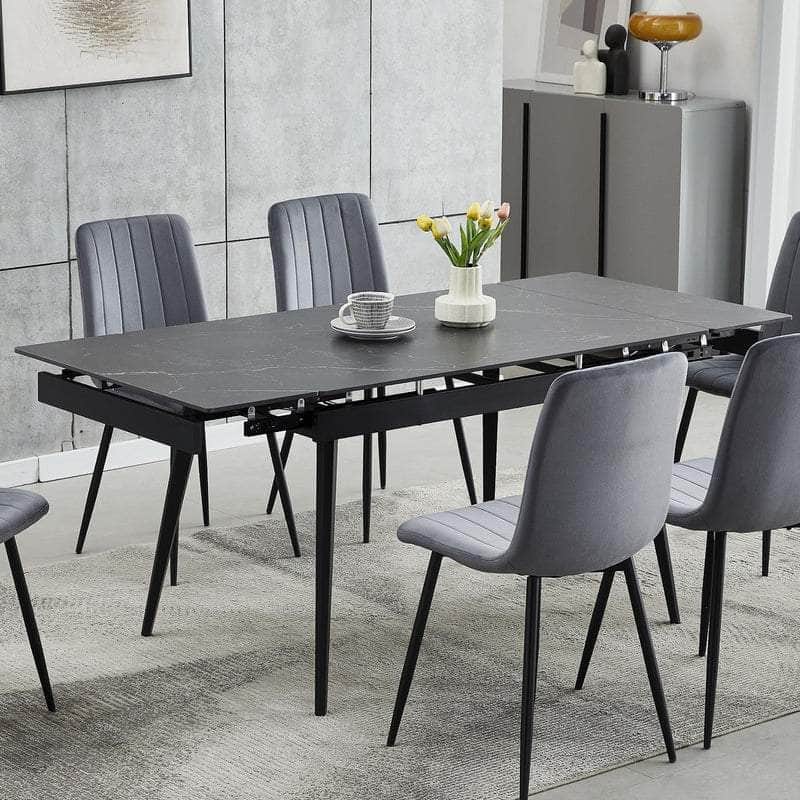 IFDC Edson 7 Piece Extendable Sintered Stone Marble Top with Black Steel Legs Dining Room Furniture Set, image 11