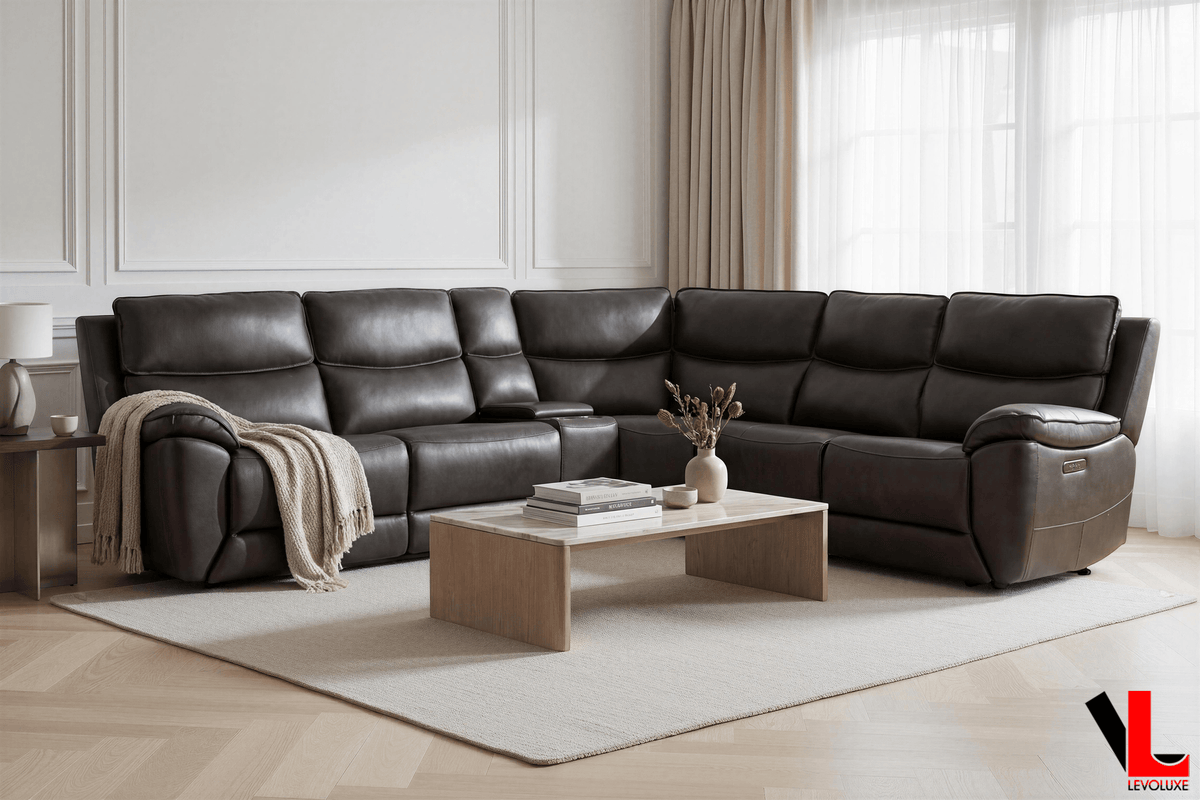 Levoluxe Knox 129" Wide Power Reclining Corner Sectional Sofa with Power Headrests and Storage Console in Espresso Leather Match, image 3