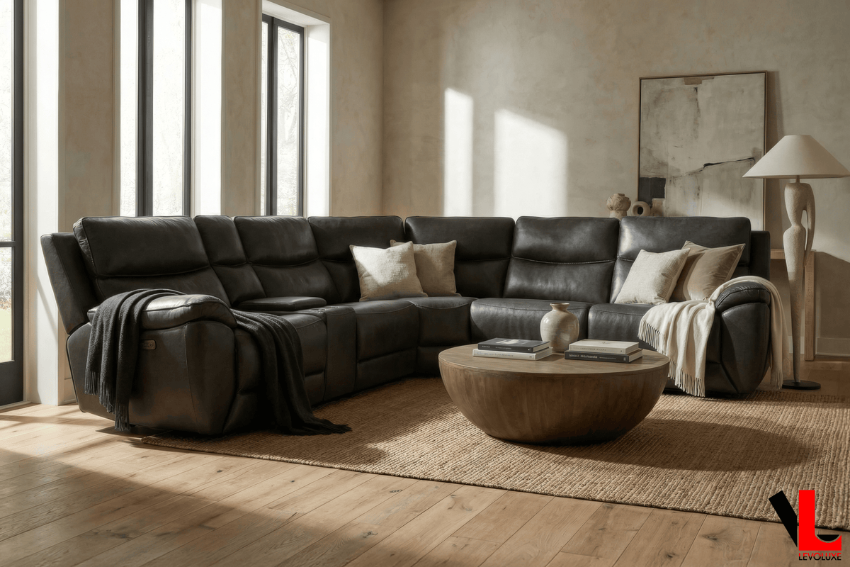 Levoluxe Knox 129" Wide Power Reclining Corner Sectional Sofa with Power Headrests and Storage Console in Espresso Leather Match, image 2