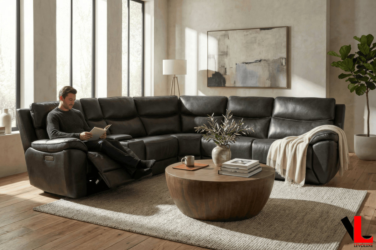 Levoluxe Knox 129" Wide Power Reclining Corner Sectional Sofa with Power Headrests and Storage Console in Espresso Leather Match, image 1