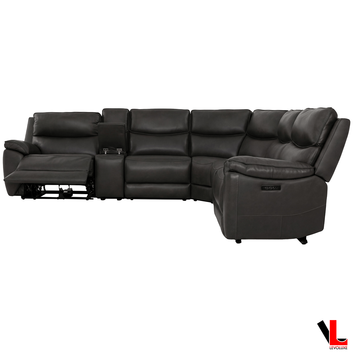 Levoluxe Knox 129" Wide Power Reclining Corner Sectional Sofa with Power Headrests and Storage Console in Espresso Leather Match, image 6