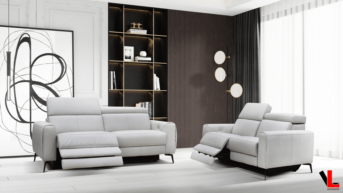 Levoluxe Lennox 2 Piece Power Reclining Sofa and Loveseat Set with Adjustable Headrests in Light Grey Leather Match, image 1