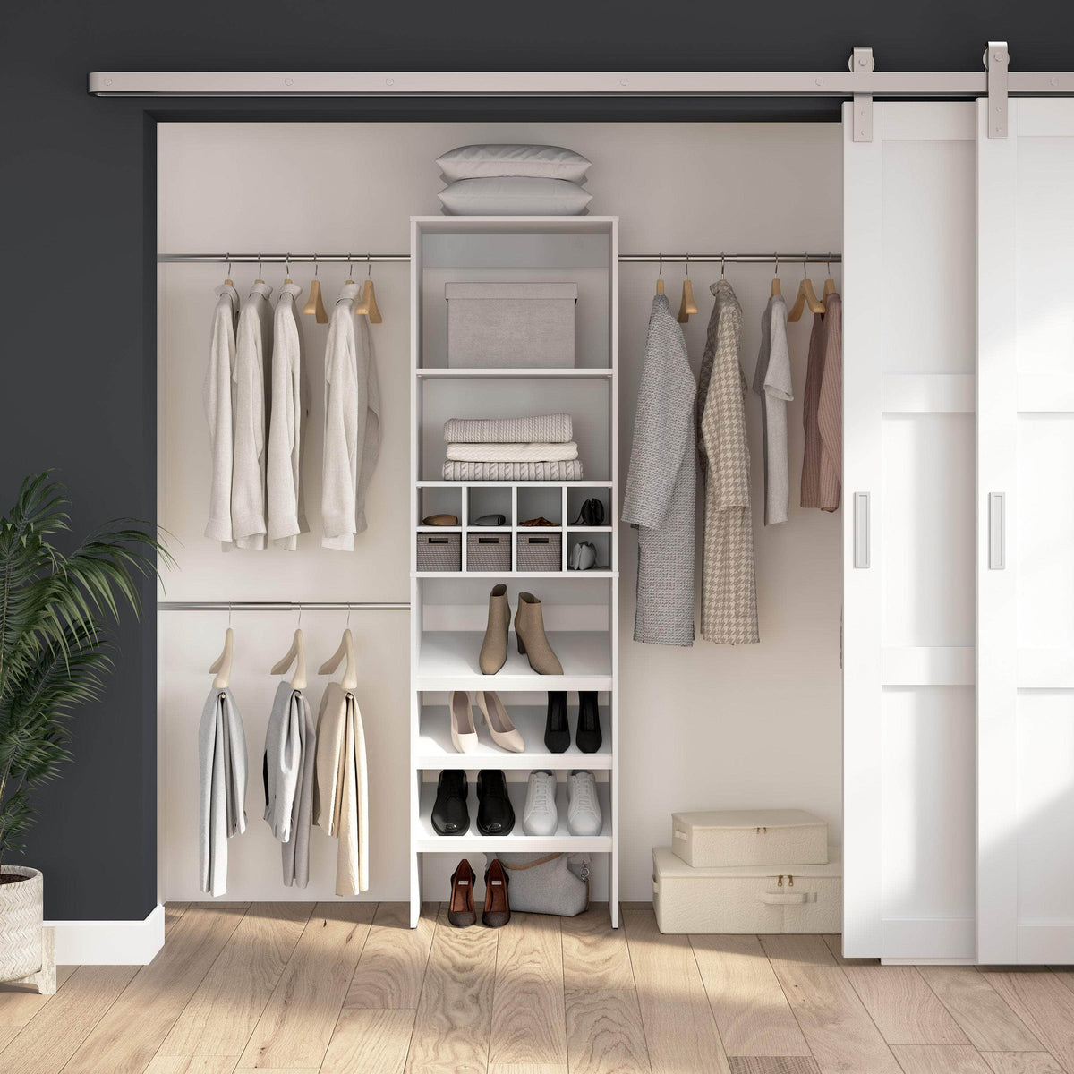 Modubox Carina 24W Closet Organizer with Shoe Shelves, Clothing Rods and Cubbies in White, image 1