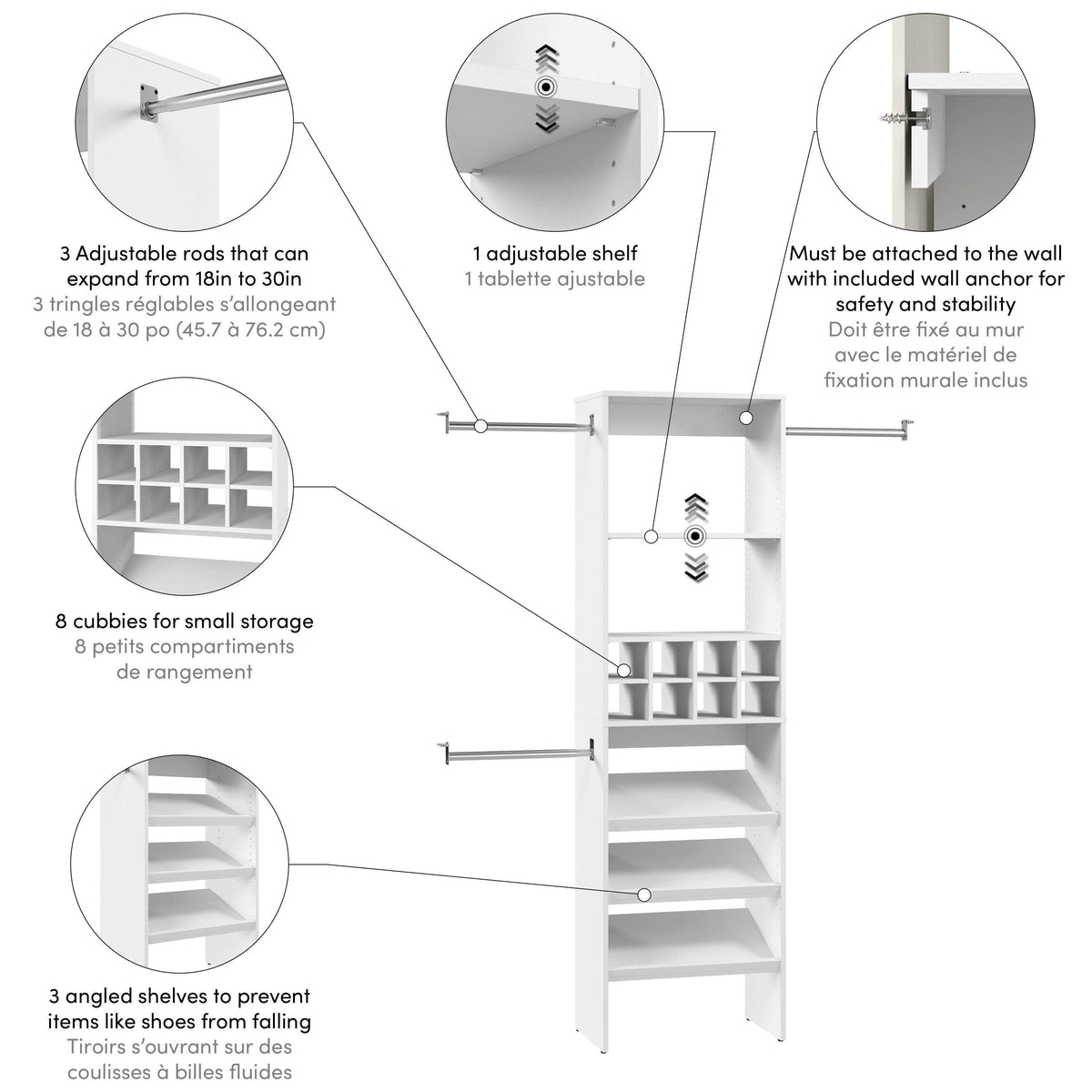 Modubox Carina 24W Closet Organizer with Shoe Shelves, Clothing Rods and Cubbies in White, image 5