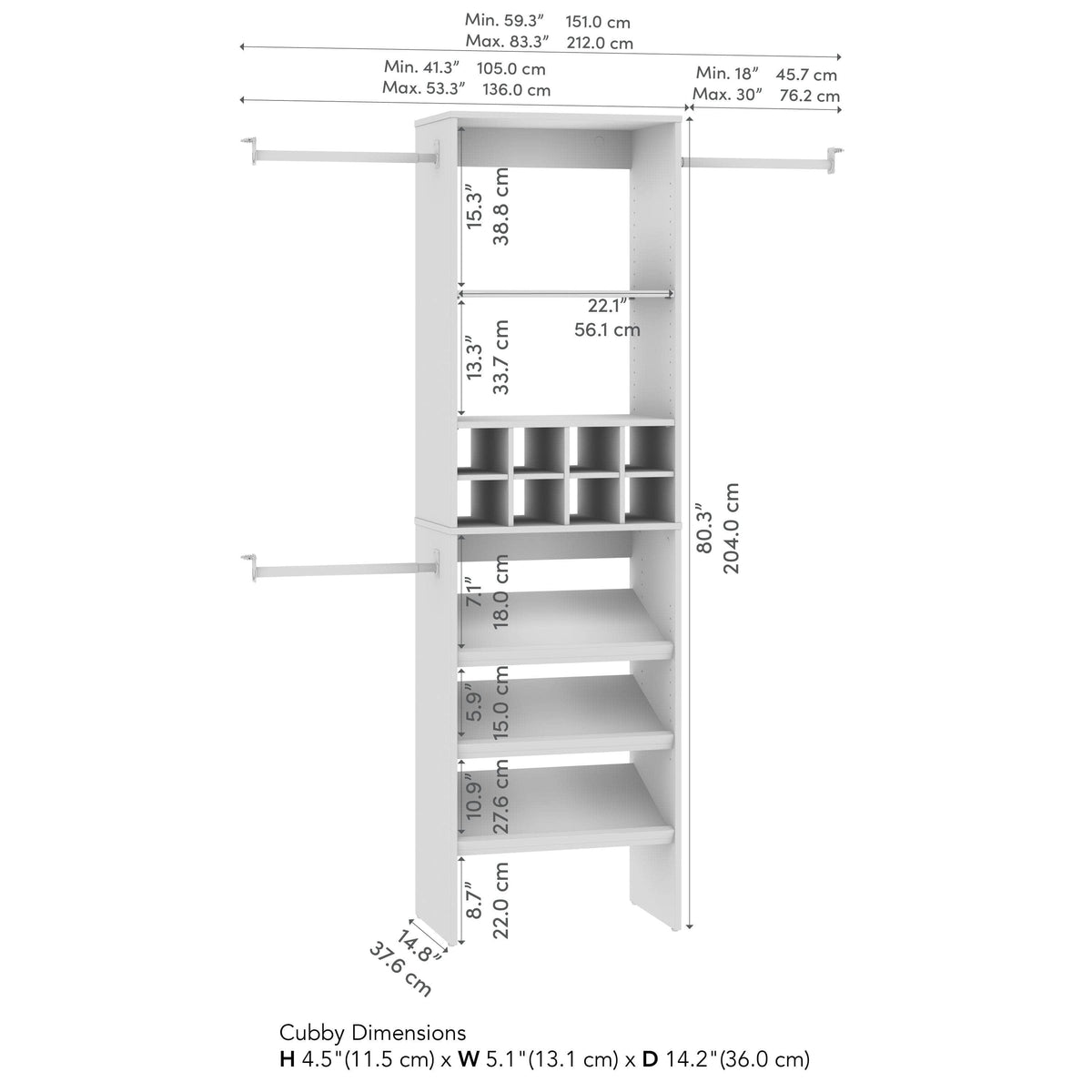 Modubox Carina 24W Closet Organizer with Shoe Shelves, Clothing Rods and Cubbies in White, image 4
