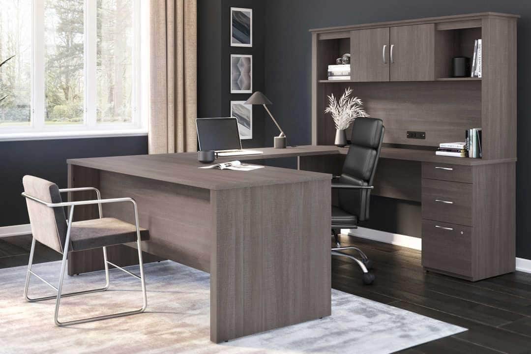 Modubox Logan U Shaped Desk with Pedestal and Hutch Bark Grey, image 1
